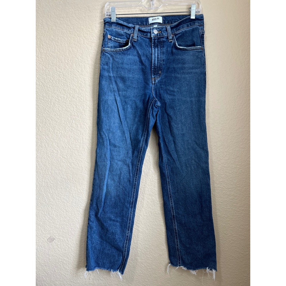 AGOLDE 27 Valen High Rise Straight Leg Jeans Blue Raw Hem Distressed A217-1767